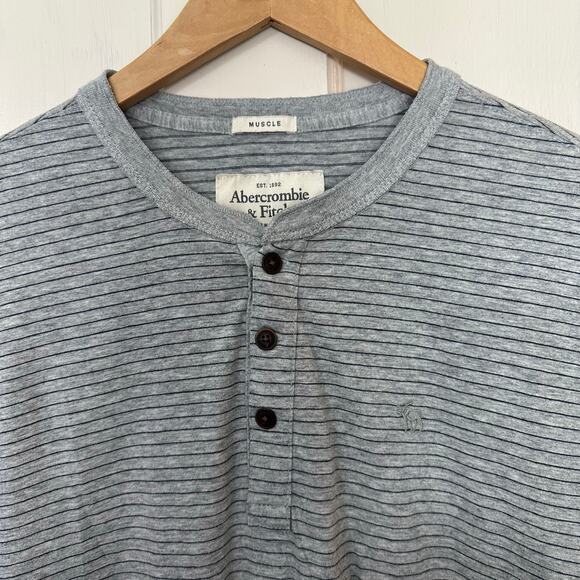 Abercrombie &‎ Fitch Henley Shirt Mens XL Gray Striped Muscle Fit Long Sleeve - Picture 4 of 6